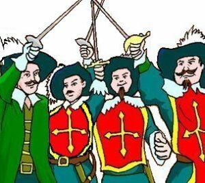  drawing of the Three Musketersa plus one, with thier swords in the air