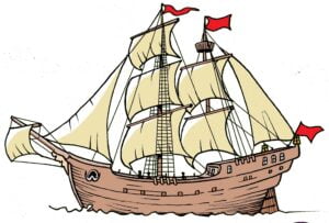 A drawing of a pirate galley