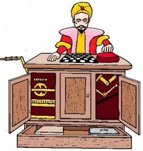 A drawing of a Turk sitting infront of a cabinet with a chess board on it and the cupboards open.
